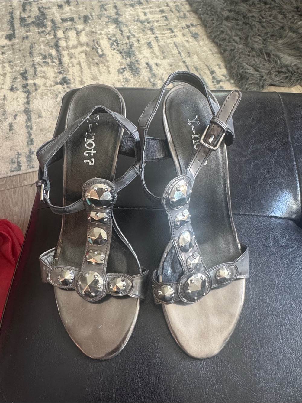 T-Strap Gem Embellished Slingback Heels in Gunmetal